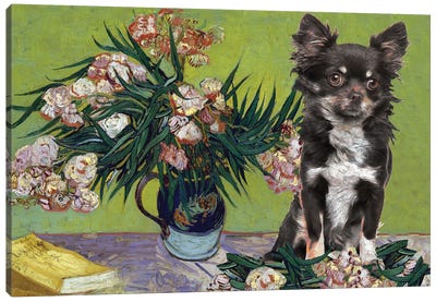 Long Haired Chihuahua Vase With Oleanders Canvas Art Print - Chihuahua Art