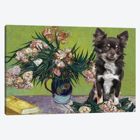 Long Haired Chihuahua Vase With Oleanders Canvas Print #NDG349} by Nobility Dogs Canvas Print