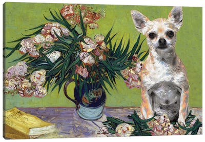 Chihuahua Vase With Oleanders And Books Canvas Art Print - Chihuahua Art