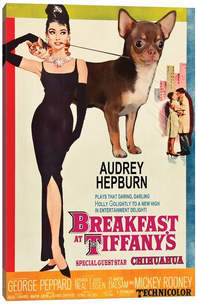 Choco Chihuahua Breakfast At Tiffany Canvas Art Print - Vintage Movie Posters