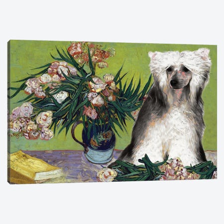 Chinese Crested Powder Puff Vase With Oleanders Canvas Print #NDG371} by Nobility Dogs Canvas Art