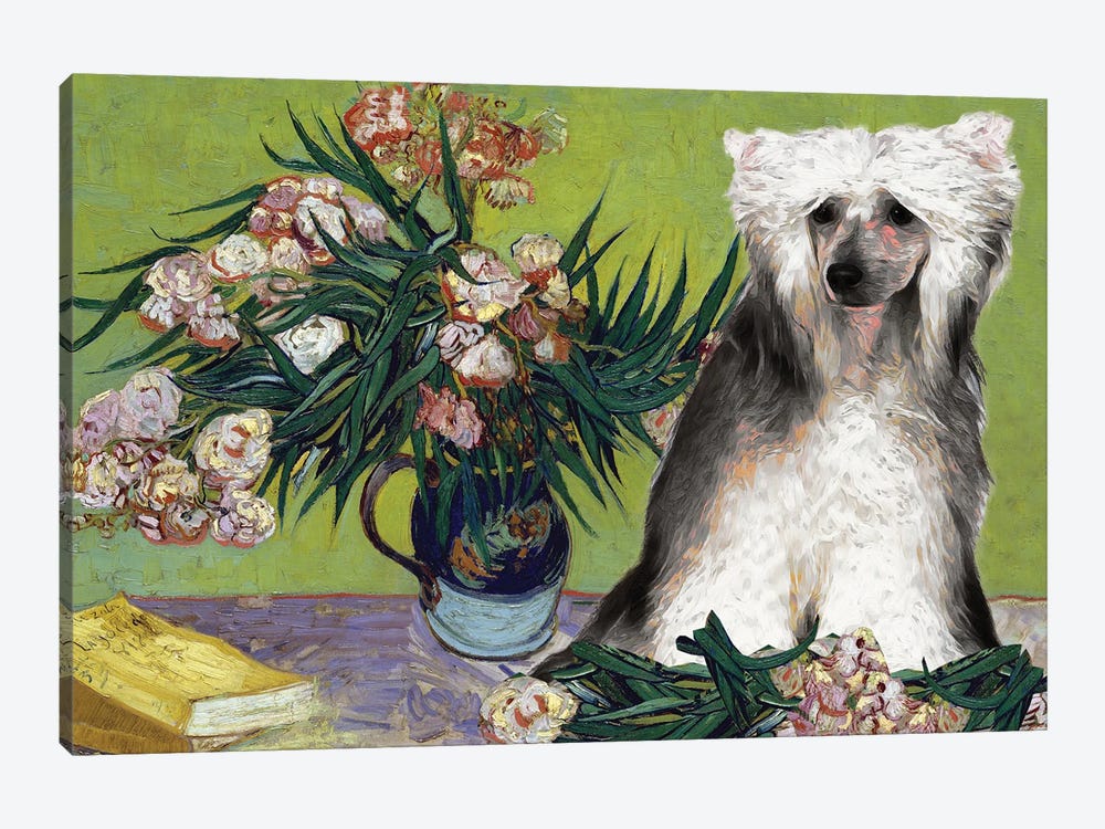 Chinese Crested Powder Puff Vase With Oleanders by Nobility Dogs 1-piece Canvas Art