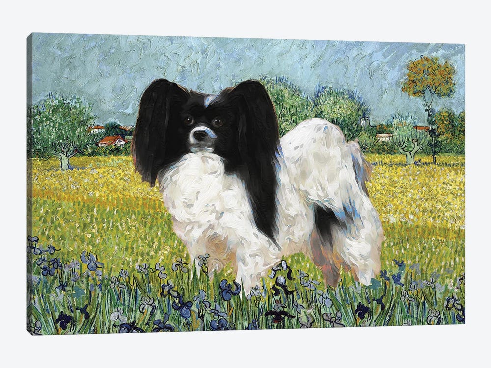 Papillon Dog View Of Arles With Irises by Nobility Dogs 1-piece Canvas Art Print