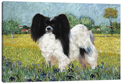 Papillon Dog View Of Arles With Irises Canvas Art Print