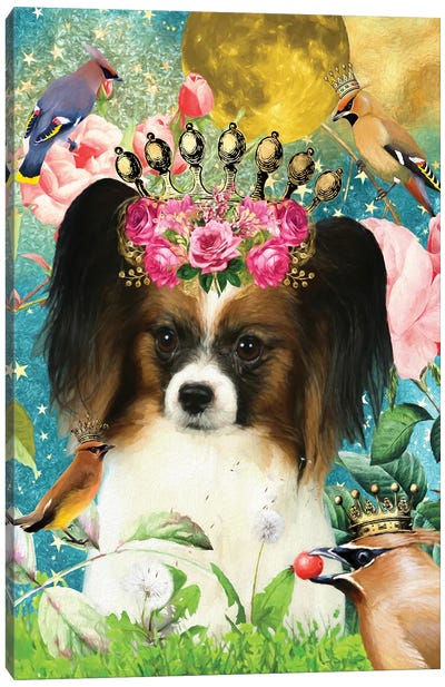 Papillon Dog And Waxwing Canvas Art Print - Spaniels
