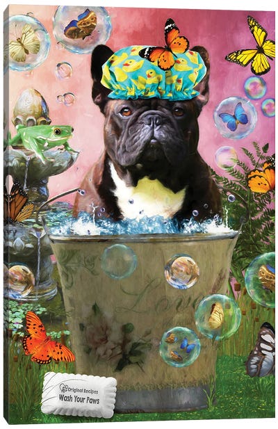 Brindle French Bulldog Wash Your Paws Canvas Art Print - Frog Art