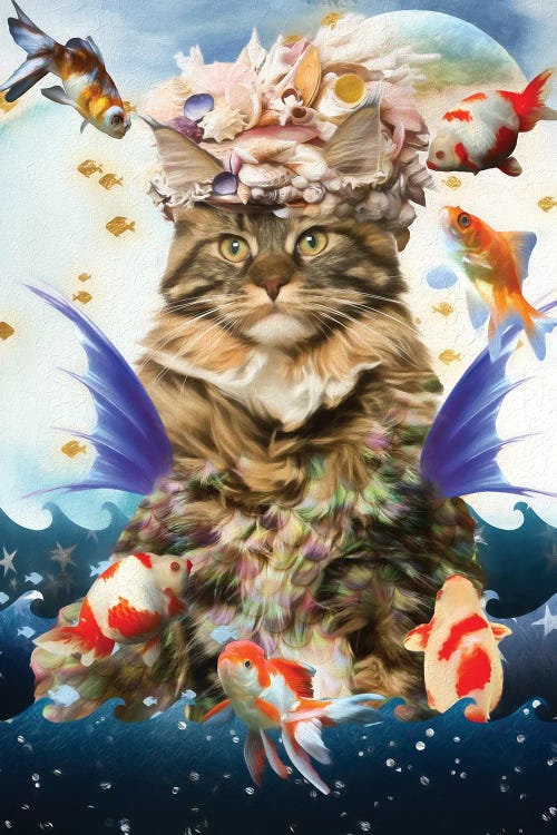 Maine Coon Cat Mermaid And Goldfish