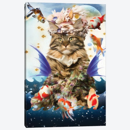 Maine Coon Cat Mermaid And Goldfish Canvas Print #NDG495} by Nobility Dogs Canvas Wall Art