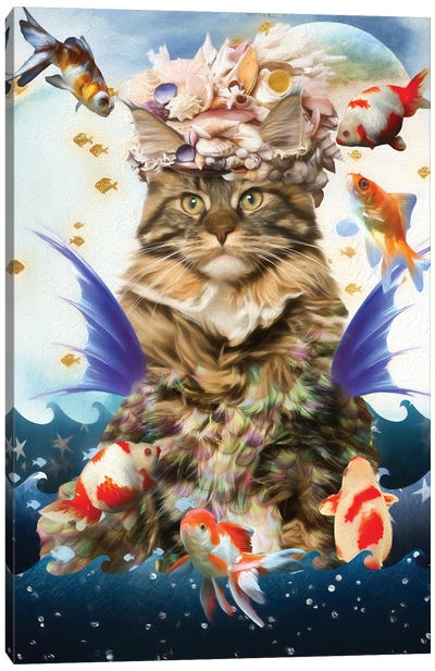 Maine Coon Cat Mermaid And Goldfish Canvas Art Print