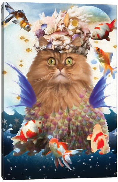 Persian Cat Mermaid And Goldfish Canvas Art Print - Persian Cat Art