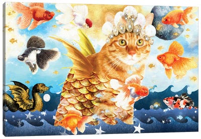 Red Tabby Cat Mermaid And Goldfish Canvas Art Print - Goldfish Art