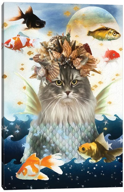 Siberian Cat Mermaid And Goldfish Canvas Art Print