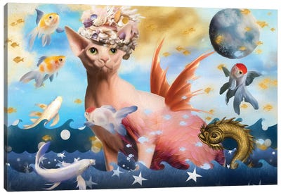 Sphynx Cat Mermaid Canvas Art Print - Hairless Cat Art