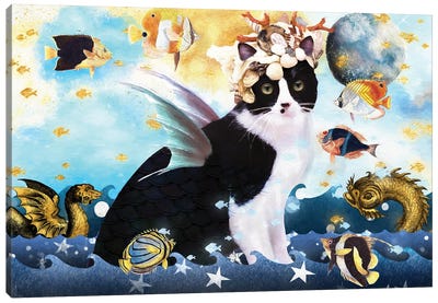 Tuxedo Cat Mermaid Canvas Art Print - Tuxedo Cat Art