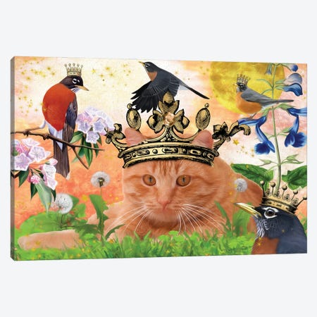 Red Tabby Cat And Robin Bird Canvas Print #NDG518} by Nobility Dogs Canvas Artwork