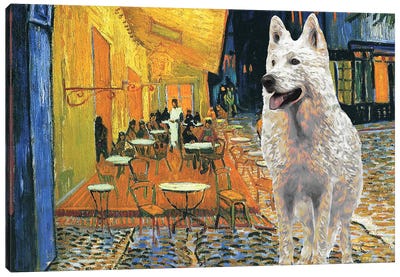 White Shepherd Cafe Terrace At Night Canvas Art Print - German Shepherd Art