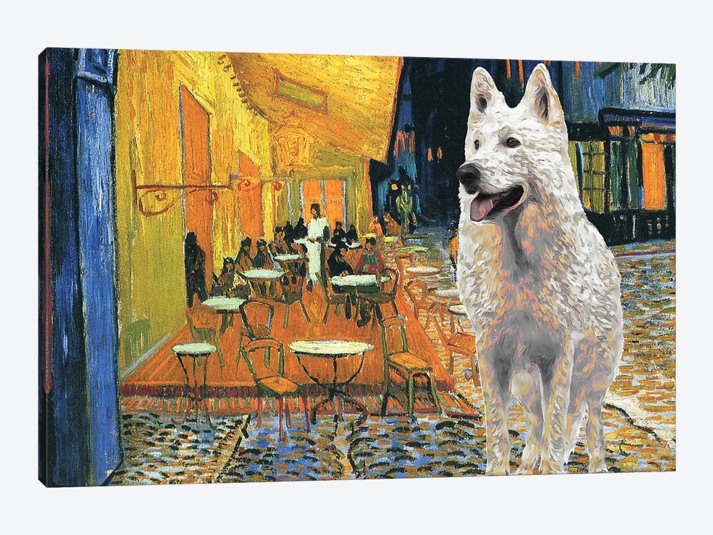White Shepherd Cafe Terrace At Night by Nobility Dogs 1-piece Canvas Wall Art