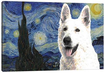 White Shepherd Starry Night Canvas Art Print - Nobility Dogs