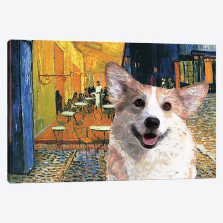 Pembroke Welsh Corgi Cafe Terrace At Night Canvas Print #NDG532} by Nobility Dogs Canvas Artwork