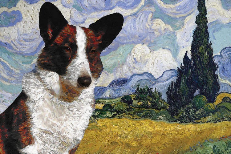 Cardigan Welsh Corgi Wheat Field With Cypresses