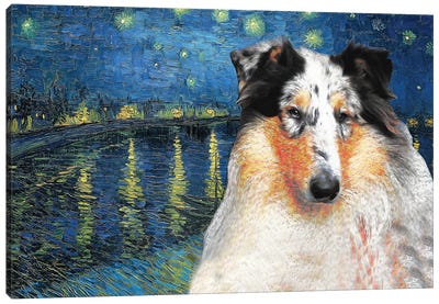 Rough Collie Starry Night Over The Rhone Canvas Art Print - Collie Art