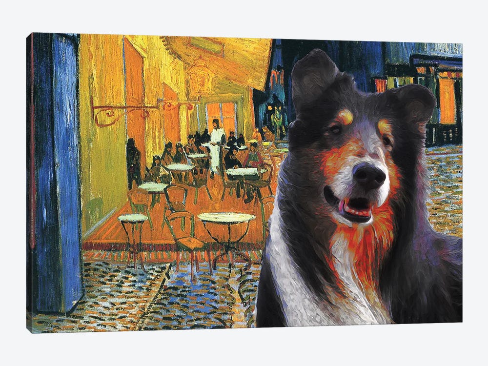 Rough Collie Cafe Terrace At Night by Nobility Dogs 1-piece Canvas Artwork