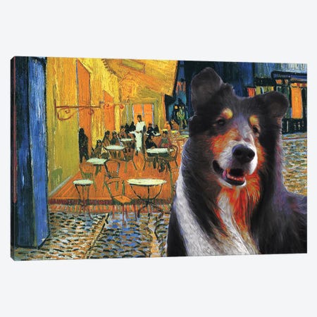 Rough Collie Cafe Terrace At Night Canvas Print #NDG542} by Nobility Dogs Canvas Art Print
