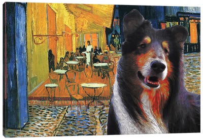 Rough Collie Cafe Terrace At Night Canvas Art Print - Collie Art