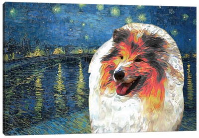 Sable Rough Collie Starry Night Over The Rhone Canvas Art Print - Collie Art