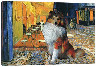 Shetland Sheepdog Sheltie Café Terrace At Night Canvas Art Print