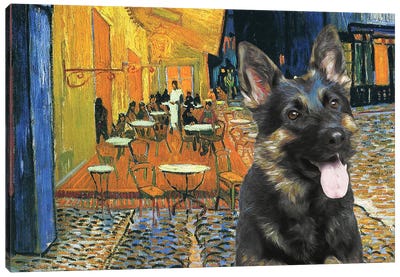 German Shepherd Cafe Terrace At Night Canvas Art Print - German Shepherd Art