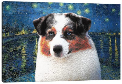 Australian Shepherd Blue Merle Aussie Starry Night Over The Rhone Canvas Art Print - Nobility Dogs