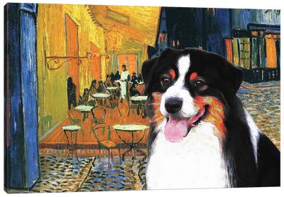 Australian Shepherd Aussie Cafe Terrace At Night Canvas Art Print - Nobility Dogs