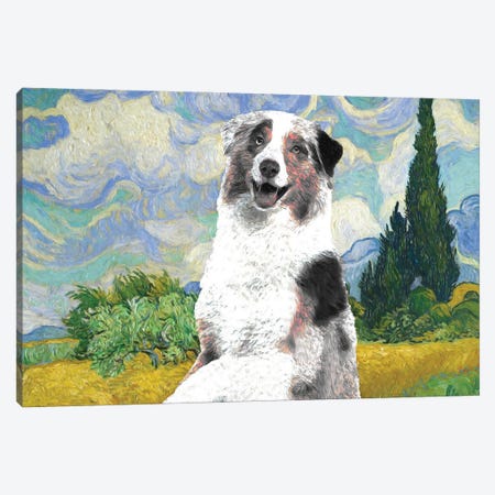Australian Shepherd Aussie Wheat Field With Cypresses Canvas Print #NDG585} by Nobility Dogs Canvas Wall Art