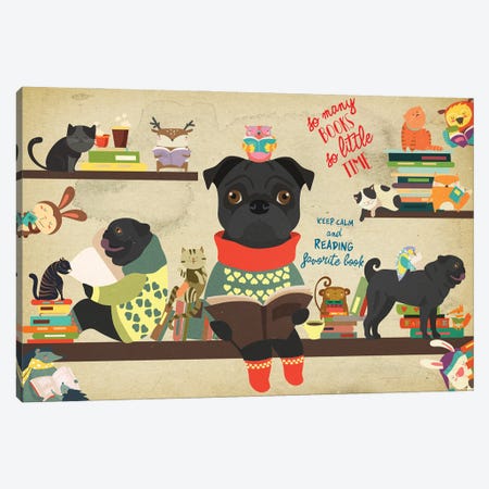 Black Pug Book Time Canvas Print #NDG620} by Nobility Dogs Canvas Artwork