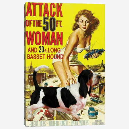 Black And White Basset Hound Attack Of The 50Ft Woman Canvas Print #NDG638} by Nobility Dogs Canvas Art Print