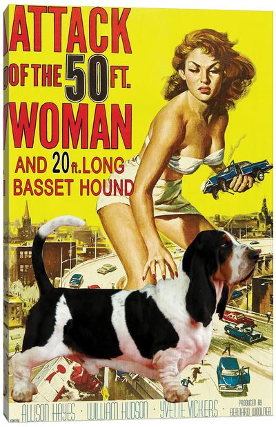 Black And White Basset Hound Attack Of The 50Ft Woman Canvas Art Print - Basset Hounds