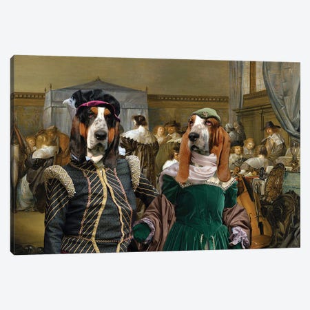 Basset Hound Merry Company With Masked Dancers Canvas Print #NDG668} by Nobility Dogs Canvas Wall Art