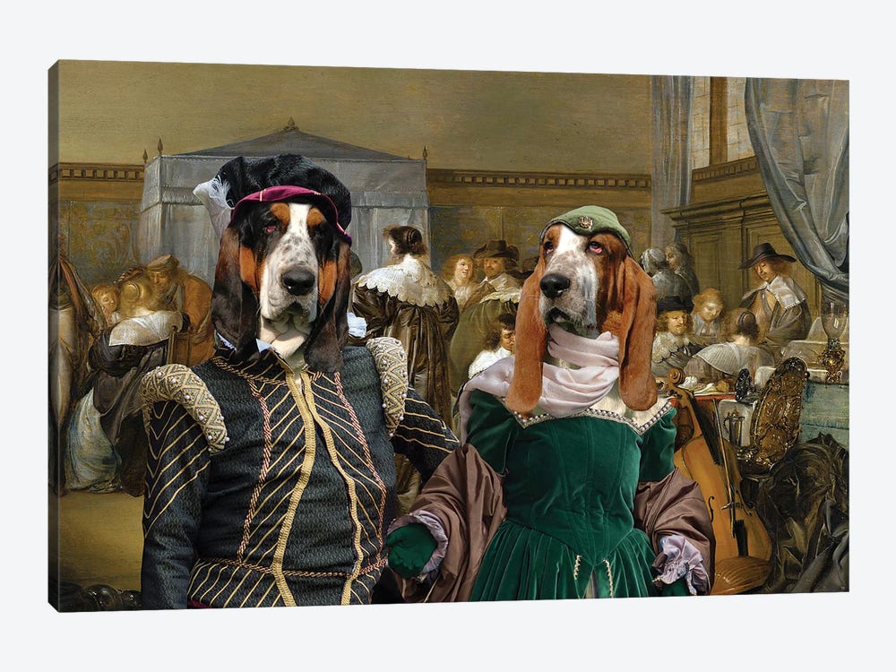 Basset Hound Merry Company With Masked Dancers by Nobility Dogs 1-piece Canvas Art