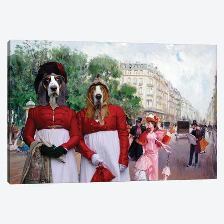 Basset Hound Fashionable Figures On A Parisian Street Canvas Print #NDG669} by Nobility Dogs Canvas Artwork