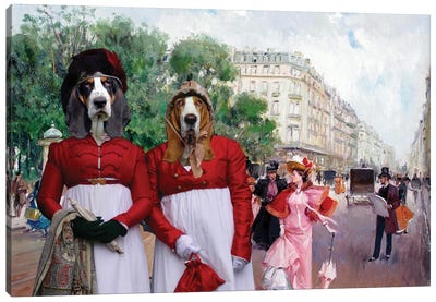 Basset Hound Fashionable Figures On A Parisian Street Canvas Art Print - Basset Hound Art
