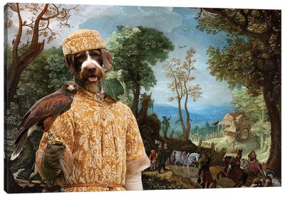 German Wirehaired Pointer Landscape With Hunters Canvas Art Print - Falcon Art