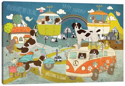 Brittany Spaniel Happy Journey Canvas Art Print - Volkswagen