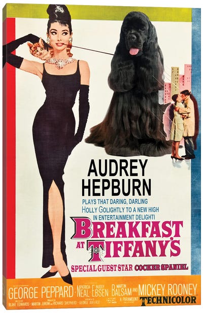 Black Cocker Spaniel Breakfast At Tiffany Canvas Art Print - Classic Movie Art