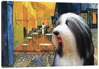 Bearded Collie Cafe Terrace At Night Canvas Art Print - Cafe Art