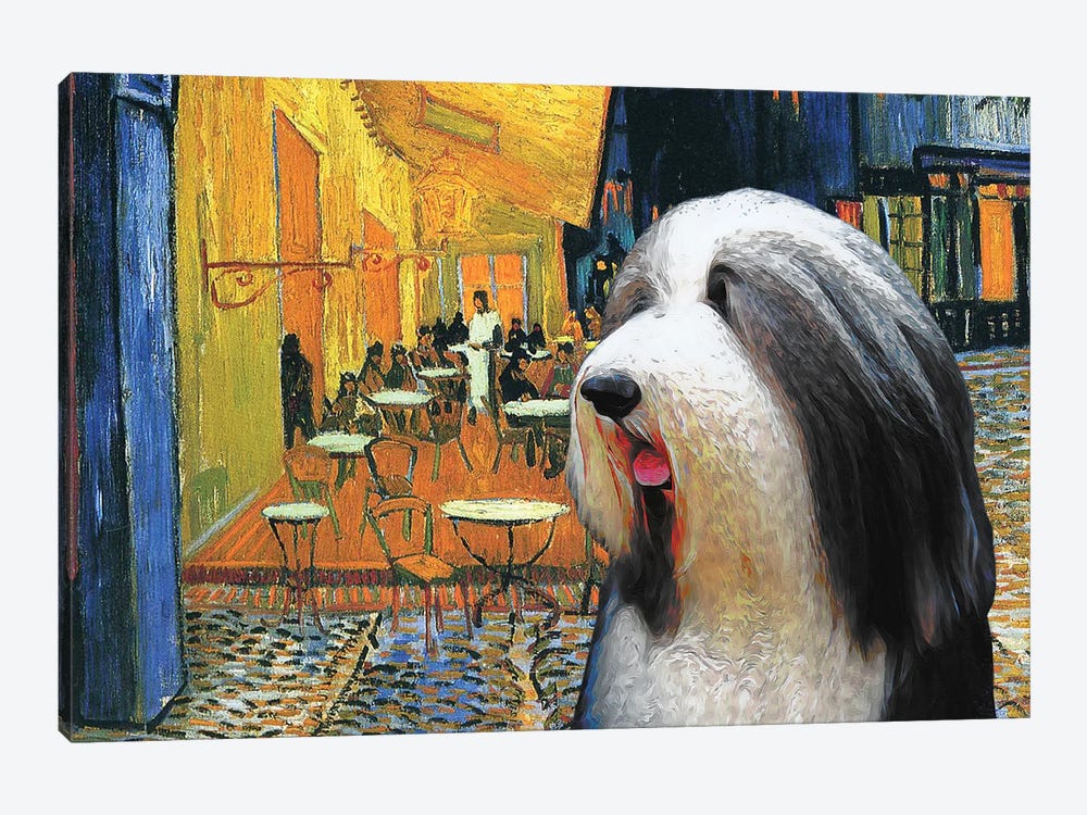 Bearded Collie Cafe Terrace At Night by Nobility Dogs 1-piece Canvas Artwork