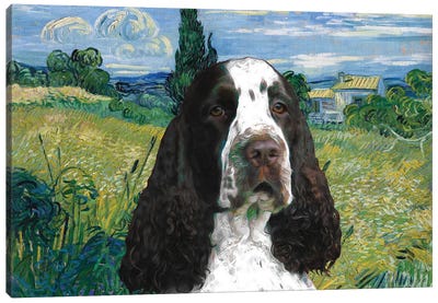 English Springer Spaniel Green Wheat Field With Cypress Canvas Art Print - English Springer Spaniel Art