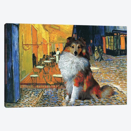 Shetland Sheepdog Sheltie Cafe Terrace At Night Canvas Print #NDG86} by Nobility Dogs Canvas Print