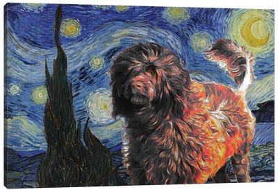 Red Portuguese Water Dog Starry Night Canvas Art Print - Portuguese Water Dog