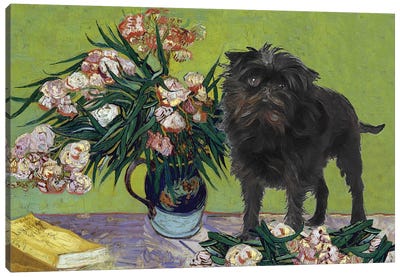 Affenpinscher Vase With Oleanders And Books Canvas Art Print